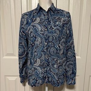 Ralph Lauren Petite P/L Blue Paisley Button-Up Shirt Long Sleeve or Roll Up 3/4